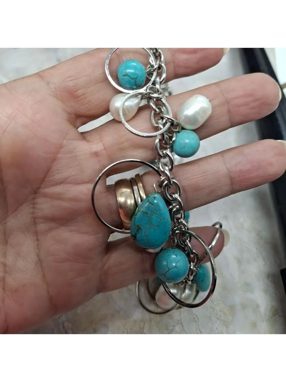 Genuine Pearls Silvertone and Turquoise Colored Howlite Beaded Necklace